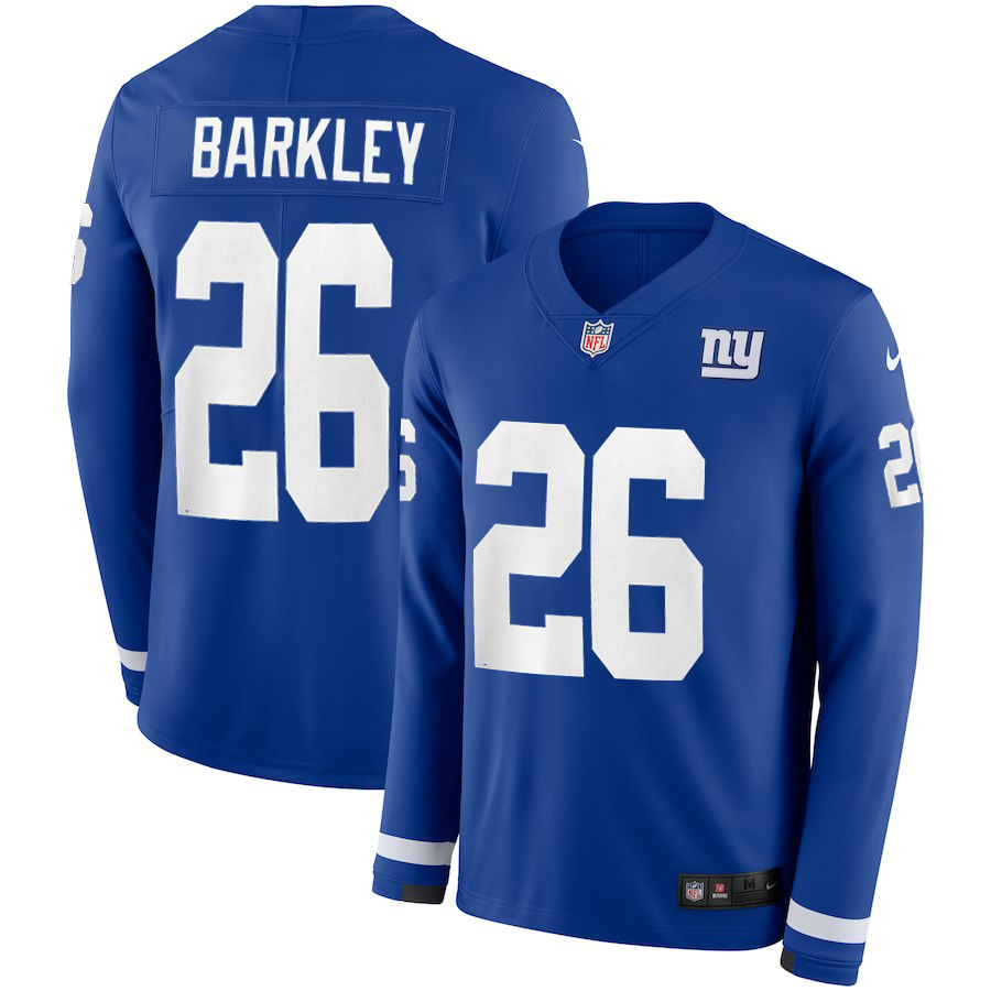 Men New York Giants 26 Barkley blue Limited NFL Nike Therma Long Sleeve Jersey